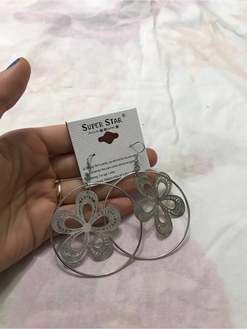 Super Star Accesories Silver Tone Flower Big Hoop Earrings